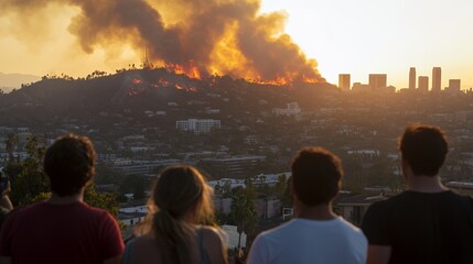 Hillside wildfire sunset, city view, onlookers, emergency