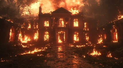 Naklejka premium Burning mansion, night fire, woods, destruction, film