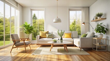 Fototapeta premium Minimalist White Living Room Interior Design, Wooden Floor, High Depth of Field Stock Photo