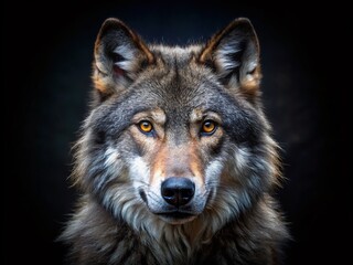 Fototapeta premium Minimalist Wolf Portrait: Close-Up Face on Black Background - Wildlife Photography