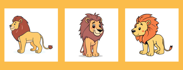 Three lions vector illustration clip art  set of lion isolated on white background animals Cute yellow, cartoon, elements, icon, symbol, baby,  feline, wild, predator, wildlife, safari, jungle, head, 