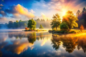 Obraz premium Misty Lake Morning: Enchanting Tilt-Shift Landscape Photography