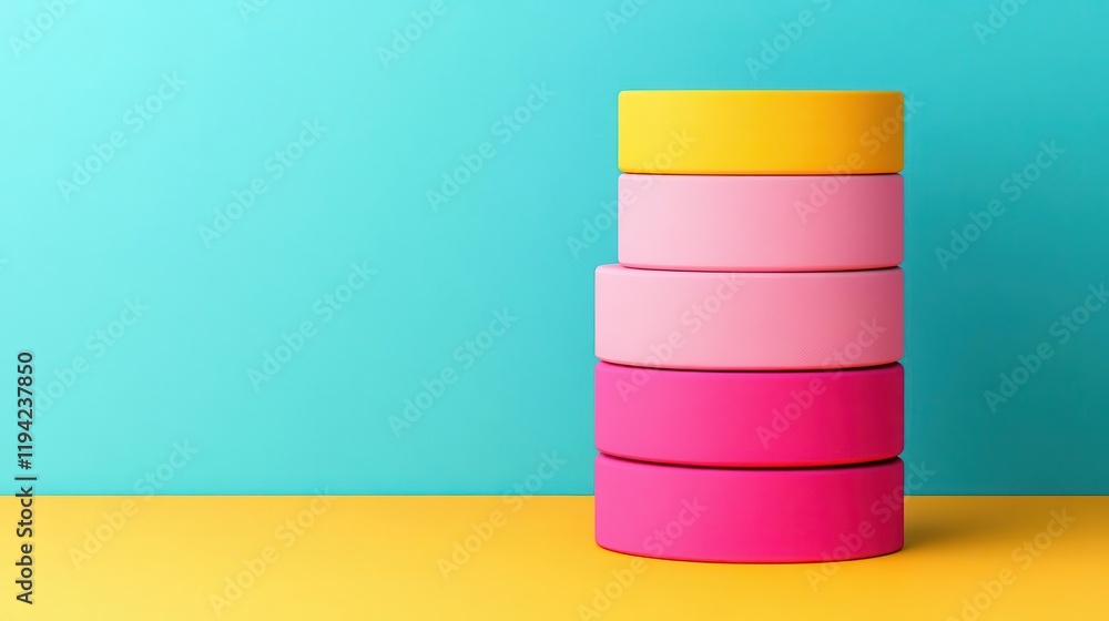 Poster a vibrant stack of colorful round boxes against a bright turquoise background and a yellow surface, 