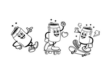 Set of Vector illustration Retro Soda can mascot. Cute character in trendy retro 60s 70s cartoon style.