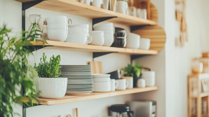 Scandinavian kitchen corner with open shelving and minimalist design elements