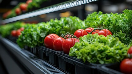 Fresh red tomatoes and green lettuce displayed in a supermarket refrigerator.
