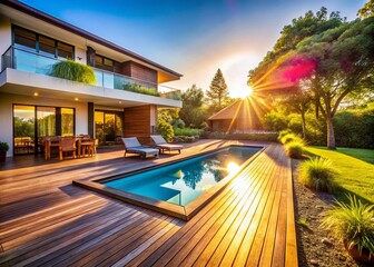 Fototapeta premium Modern Country House with Stunning Pool & Wooden Deck - Candid Photography
