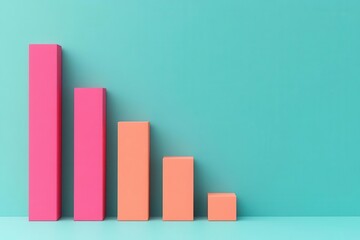 A colorful bar chart displaying varying heights against a turquoise background, illustrating data trends or comparisons.