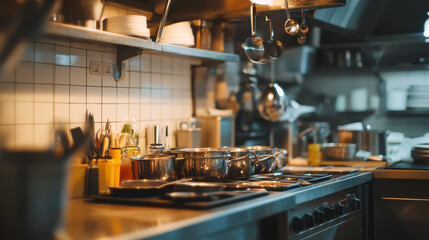 Modern restaurant kitchen interior with clean workspace and cooking equipment