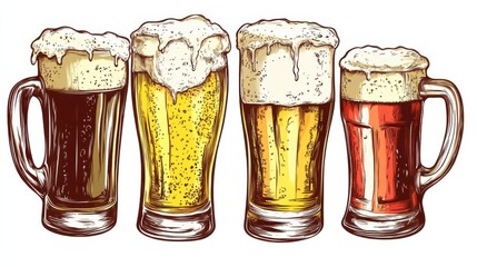 A Vibrant Selection of Four Distinct Beer Styles in Glasses with Foam Topping Against a White Background for Beverage and Brewing Concepts