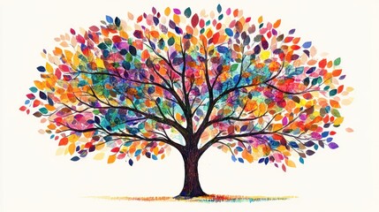 Vibrant colorful autumn tree illustration against white background