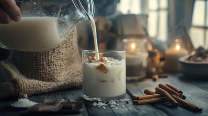 Pouring horchata into a glass with rustic decor and cinnamon sticks