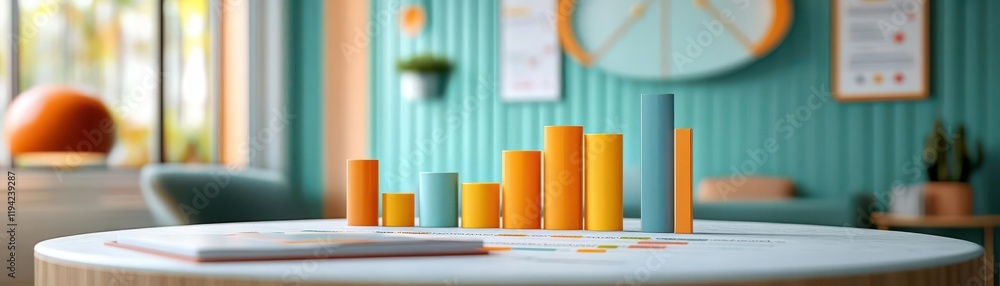 Poster a colorful bar graph on a table in a stylish room, showcasing data analysis in a modern workspace.