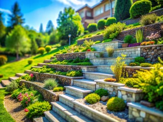Obraz premium Modern Sloped Backyard with Gabion Retaining Walls and Stone Steps - Tilt-Shift Photography