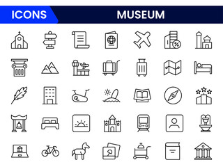 Museum ancient exhibit and service for tourist visit line icons set. Classic pillar, sculpture and painting, book and jewel, museum staff badge thin black and red outline symbols vector illustration