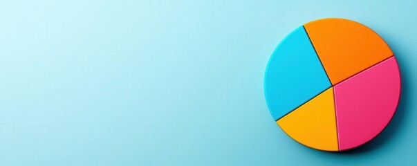 Fototapeta premium A colorful pie chart on a light blue background, featuring four distinct segments in orange, pink, blue, and a segment left blank.