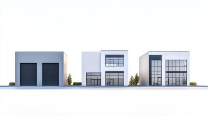 A modern architectural design featuring three distinct commercial buildings with clean lines and large windows, set against a minimalist background.