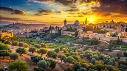 Obraz premium Mount Olive Jerusalem Panoramic View: Ancient Walls & Olive Groves