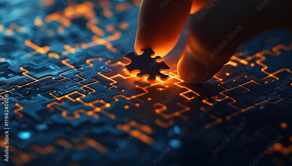 Poster solving complex puzzles: connecting abstract pieces to reveal a glowing solution, illuminating the p