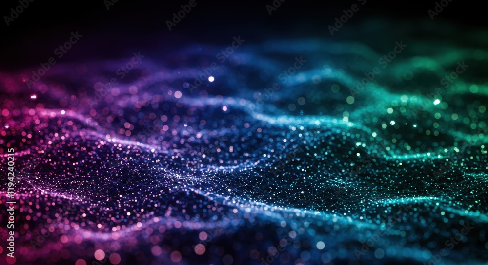 Poster vibrant abstract digital wave with colorful particle patterns