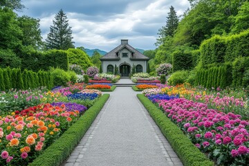Fototapeta premium Rows of multi-colored dahlias creating a stunning visual display in a serene garden setting.