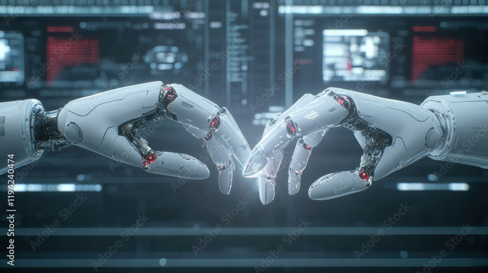 Poster two robotic hands reaching towards each other, symbolizing connection and technology in a futuristic