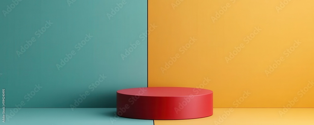 Poster a minimalistic scene featuring a circular red platform against a split background of teal and yellow