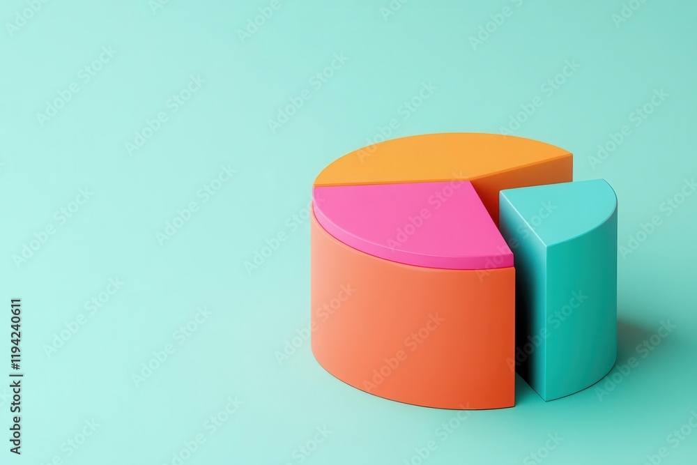 Poster a colorful pie chart model on a mint green background, illustrating data representation in a playful