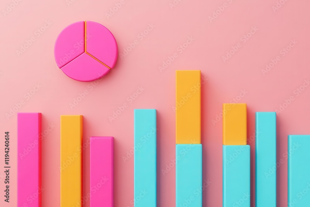 Poster a colorful arrangement of bar graphs and a pie chart set against a pink background, representing dat