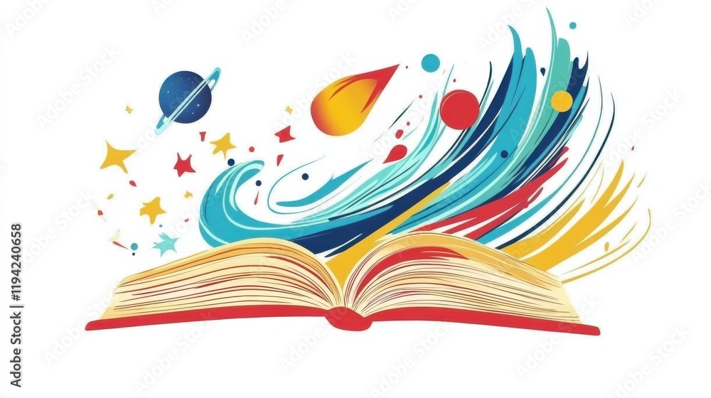 Aufkleber illustration of an open book with colorful swirls and space elements representing imagination and cr