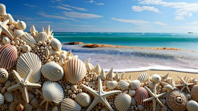 frame with many sea shells, starfish and waves on the beach. summer travel and tourism