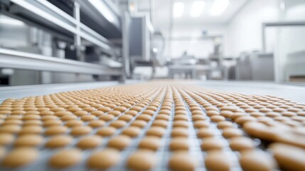 A close-up of a production line displaying neatly arranged round cookies in a clean, modern food manufacturing environment.