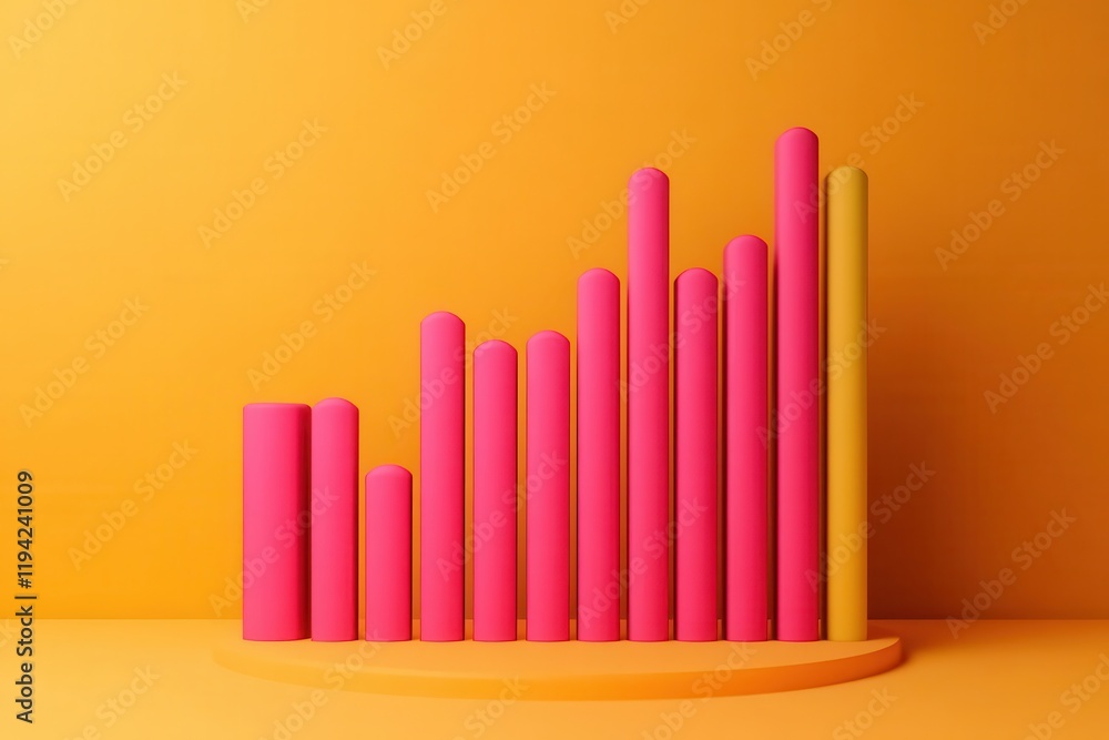 Poster a vibrant bar graph visualizes data with pink and yellow columns against an orange background, symbo