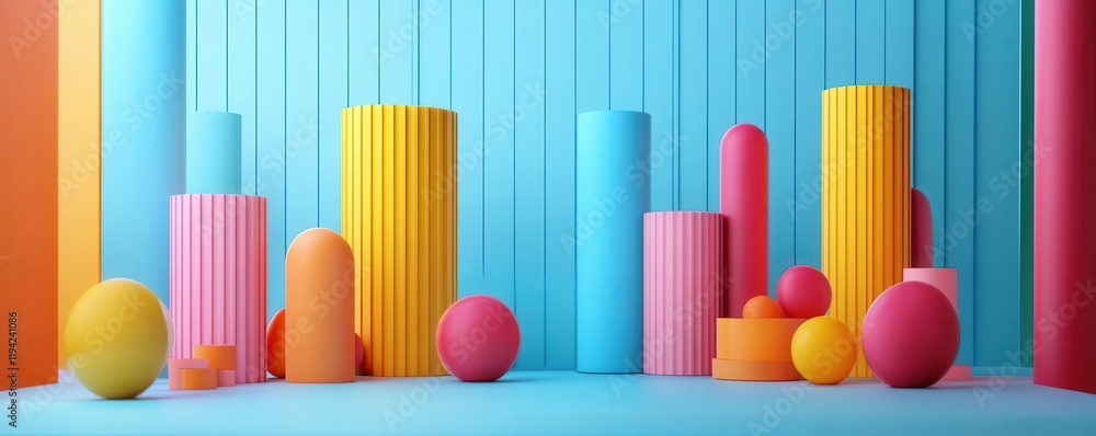 Poster a colorful display of geometric shapes and forms set against a vibrant backdrop, creating a playful 