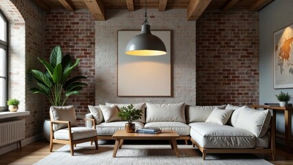 Modern Sectional Sofa in a Loft Style Living Room with Exposed Brick Walls and a Large Pendant Light Above a Blank Canvas