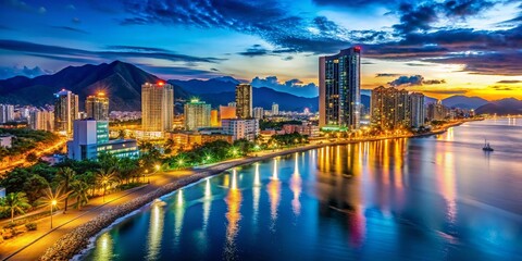 Fototapeta premium Nha Trang Night: Vibrant Coastal Cityscape, Beaches & Bays, Vietnam