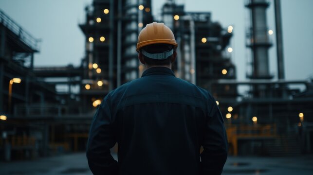A worker in a hard hat stands before an industrial facility, illuminated by lights, emphasizing the significance of safety and engineering in a manufacturing environment.