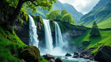Fototapeta premium Serene Waterfall Cascading Down Lush Green Mountain Slopes, Creating a Picturesque Paradise
