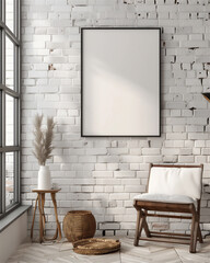 Mock up photo or poster with frame on the wall with plant, version 1