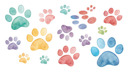 Fototapeta premium Watercolor Paw Prints Collection Multiple Sizes, Pastel Colors, Isolated on Transparent Background, Pet Graphic, Animal Design, paw print, watercolor, clipart
