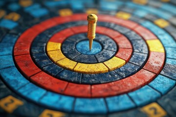 A close-up view of a colorful dartboard with a nail at the center, showcasing concentric circles in blue, red, and yellow.