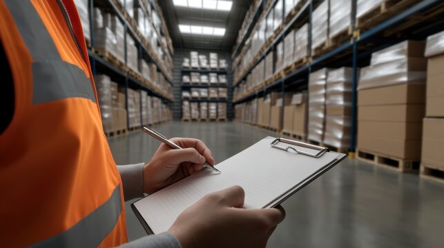 A warehouse worker checks inventory with a clipboard, surrounded by neatly stacked boxes in a well-organized storage facility. - Powered by Adobe