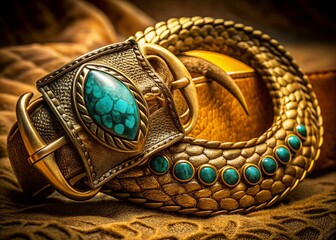 Night Photography: Gold Bear Claw & Turquoise Snakeskin Belt Buckle