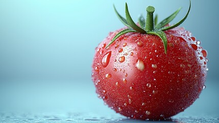 Single ripe red tomato with water droplets on a blue background.