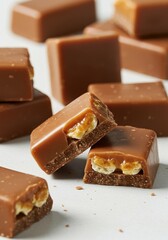 Close-up of caramel-filled chocolate squares with nuts on light background