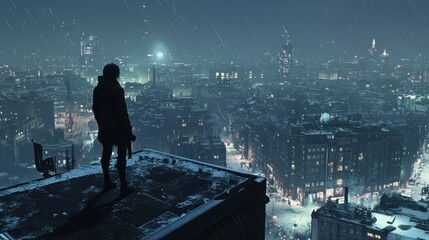 A figure stands on a rooftop overlooking a snowy cityscape at night, evoking a sense of solitude.