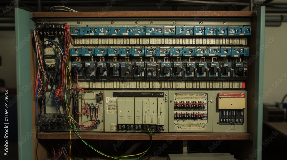 Poster a detailed control panel with multiple switches, relays, and wiring, showcasing an intricate setup f