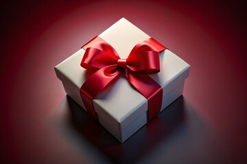 Fototapeta premium Open White Gift Box with Red Ribbon Bow on Dark Red Background - Minimalist 3D Render
