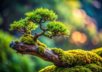 Mossy Bonsai Branch: Japanese Zen Garden Miniature Tree Detail Stock Photo