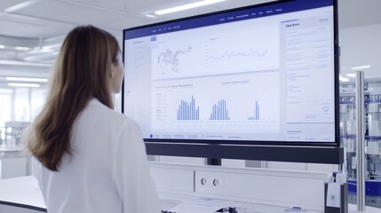 A scientist in a lab coat observes data analytics on a large screen, showcasing graphs and charts in a modern laboratory environment.